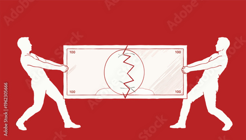 Economic Conflict Concept with Tug of War on Dollar Bill Symbolizing Income Inequality Wage Gap and Financial Dispute Illustration