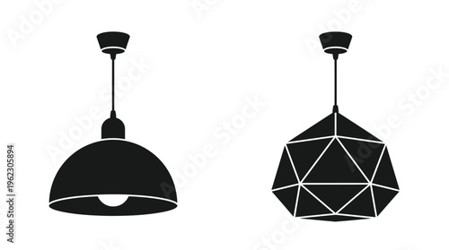 Two modern pendant lamps displayed in a stark black silhouette