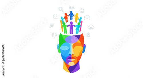 Diverse Team Collaboration and Innovation in Human Mind Concept with Business and Technology Icons