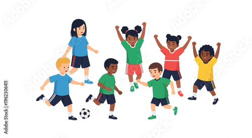 Diverse Group of Happy Children Playing Soccer Together - Multicultural Kids Having Fun and Enjoying Football Game
