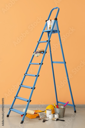 Stepladder with cans of pai...