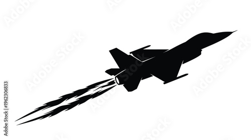 A black silhouette of a jet fighter in flight with contrails silhouette