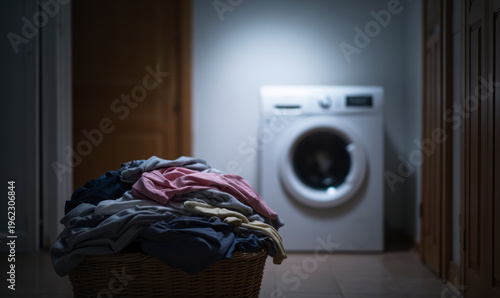 Laundry Basket Full of Dirty Clothes Near Washing Machine at Night