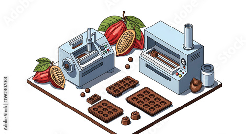 A vector graphic illustration of chocolate making machines and cacao fruits on a table