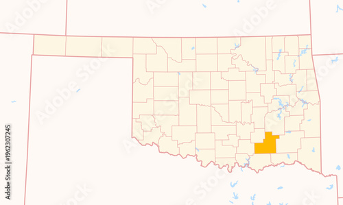 Map of the County Atoka (Oklahoma, US) showing the Federal State with the highlighted County