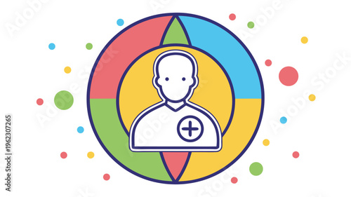 Abstract graphic of a person with a plus symbol inside a colorful circle, symbolizing health, medical care, or adding value, first aid