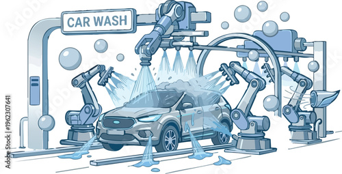 Web Advanced robotic touchless car wash with SUV, automated spray arms, soap bubbles, and water splashes vector illustration in hand-drawn style.