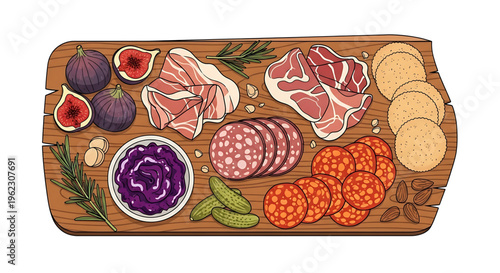 A colorful illustration of a charcuterie board with various meats, cheeses, and garnishes on a wooden platter