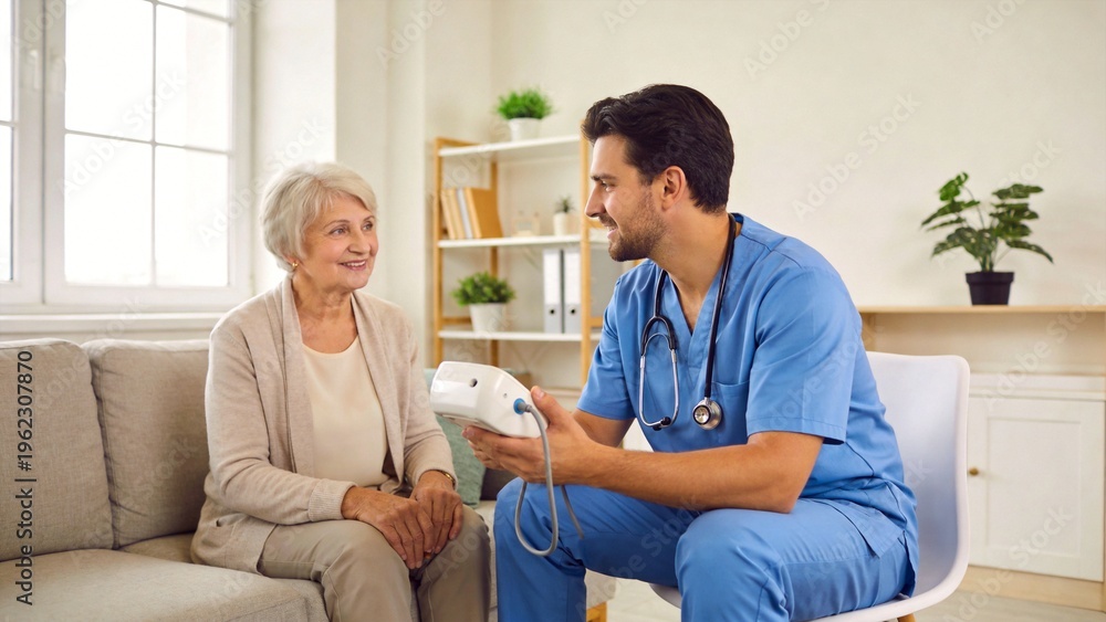 Obraz premium Doctor measuring blood pressure of elderly woman