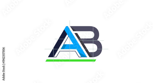 A close-up view of an abstract logo with blue and black letters and a green line.