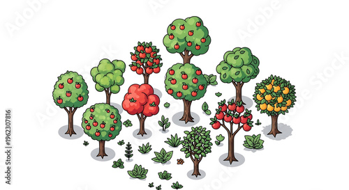 A colorful vector illustration of various fruit trees and plants in a stylized garden setting
