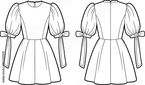 Puff sleeve pleated dress with ribbon bow accents, flat vector