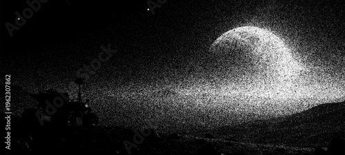 Space rover exploring lunar surface with stipple art effect. Black and white pointillism illustration. Scientific mission on alien planet. Cosmos landscape with glowing crater and stars.