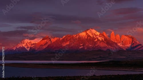 Canvas Print Fiery Sunrise Over the Cuernos del Paine and Torres del Paine, Patagonia, Chili