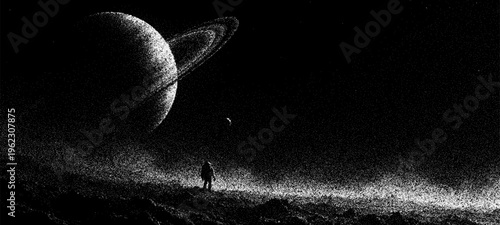 Astronaut standing on planet surface looking at giant ringed planet. Space exploration concept. Minimalist black and white stipple illustration featuring lonely wanderer in deep cosmos.