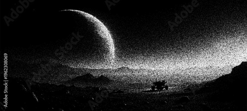 Rover exploring alien planet surface under crescent moon. Stipple art style landscape with starry sky. Space exploration and cosmic sci-fi concept for science fiction illustration.