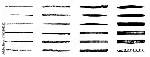 Horizontal lines set. Hand drawn pancil, charcoal, chalk, crayon, marker strokes. Rough textured pencil lines with textured edges. Design elements for emphasizing text or decorative accent.