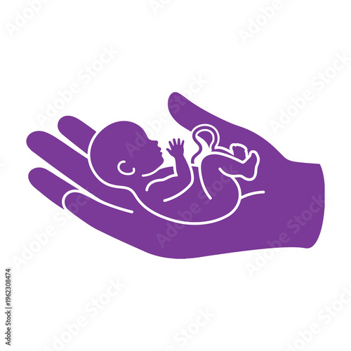 Purple hand holding a baby with umbilical cord symbolizing care and protection