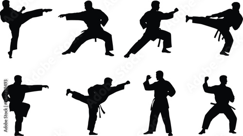 Karate silhouettes set featuring martial arts athletes performing powerful kicks and combat stances isolated on white background for sports design.