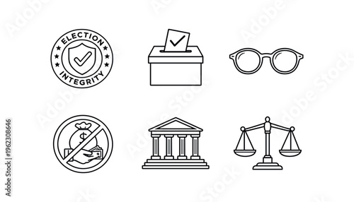 Six line icons related to elections, integrity, ballot, law and justice
