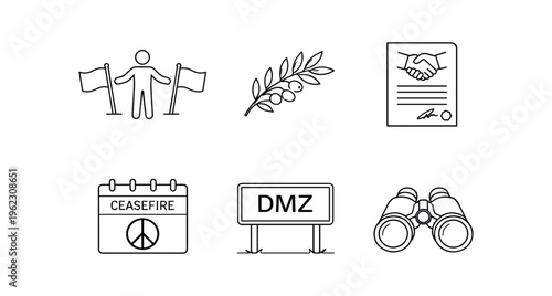 Six line icons of diplomacy and peace concepts including olive branch and dmz