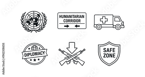 Six line icons including un emblem, humanitarian corridor, ambulance and safe zone