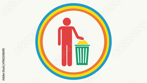 Illustration of a person throwing trash into a bin, symbolizing recycling, cleanliness, or waste management efforts, eco friendly