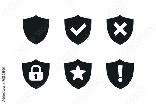 Row of six solid filled shield icons in black with check, cross, lock, star and exclamation symbols