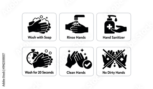 Six bold black icons in rounded squares illustrating hand wash steps including soap, rinse, sanitizer, 20 seconds, clean hands, and no dirty hands