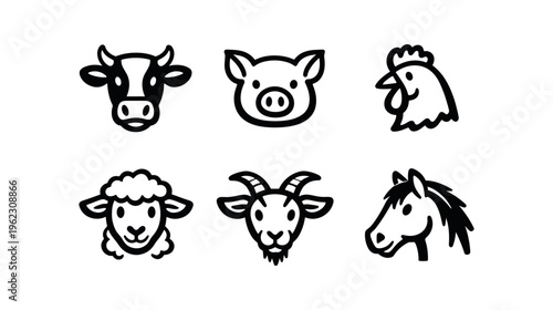 Six outlined farm animal head icons in rounded squares labeled cow pig chicken sheep goat horse.