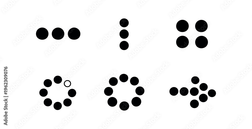 Fototapeta premium Simple black dot icons showing three, vertical, four, loading, circle and arrow arrangements