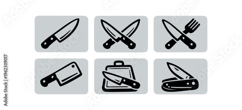 Six black and red kitchen knife icons showing chef knife, crossed knives, knife and fork, cleaver, knife with cutting board, and pocket knife