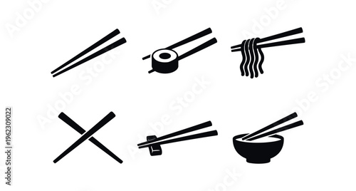Six bold chopsticks glyph icons depicting parallel, crossed, holding sushi, holding noodles, on rest and with bowl.