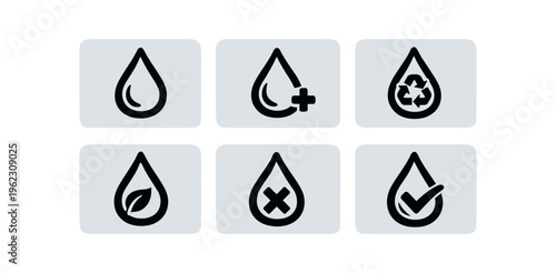 Six black droplet icons with plus, recycle, leaf, cross and check mark variations