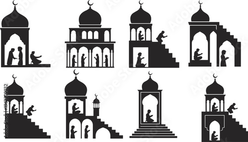 Mosque silhouettes set featuring Islamic architecture and people praying at masjid isolated on white background for Ramadan and Eid design.