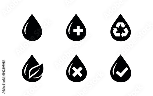 Six black water drop icons labeled water, pure, recycling, eco, contaminated and clean