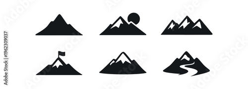 Six black mountain icons showing single peak, sun, range, flag, snow and river variants