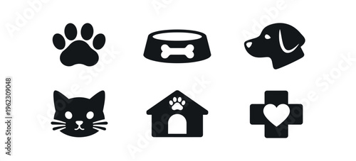 Six solid pet icons showing paw print, food bowl, dog head, cat head, pet house, and veterinarian cross in black rounded squares