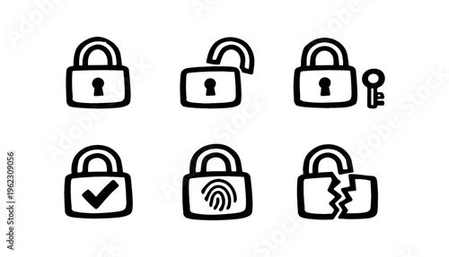 Black outline padlock icons showing locked, unlocked, lock and key, checkmark, fingerprint, and broken lock on rounded tiles.
