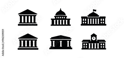 Solid black civic building icons for bank, courthouse, government building, museum, library, and city hall on rounded tiles.