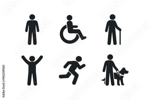Six black person symbols showing standing, wheelchair, cane, arms raised, running, and guide dog