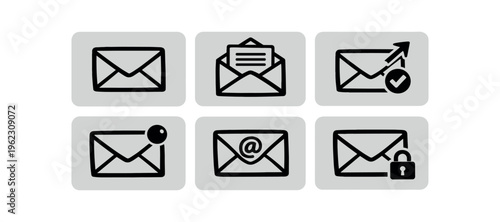Black envelope icons including closed, open, sent, notification, at symbol and secure padlock variations