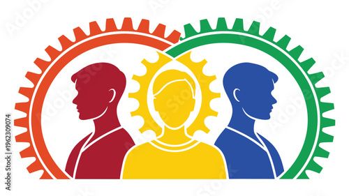 Teamwork collaboration synergy concept with people silhouettes and interlocking gears in red, yellow, and blue colors representing business success, team building