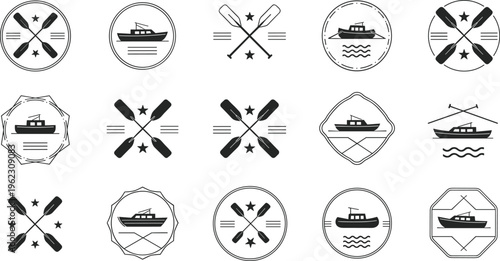 Kayaking and Boating Vintage Badge Set with Paddles, Boats and Nautical Emblems Retro Vector Illustration