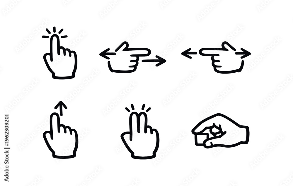 Fototapeta premium Six hand gesture icons showing tap, swipe right, swipe left, swipe up, double tap, pinch