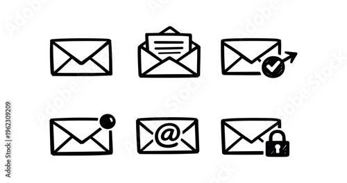 Six envelope mail icons including closed, open, sent, unread, email at, locked