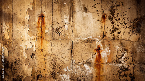 A close-up view of a weathered and worn concrete wall with peeling paint and rust stains
