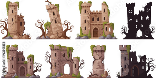 Abandoned Medieval Ruins Set with Old Castles, Broken Towers and Fantasy Stone Buildings Vector Illustration