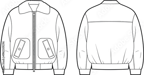 Shearling collar jacket with flap pockets and ribbed hem, flat vector