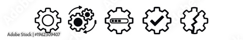Six black gear icons including single gear, multiple gears, progress bar, checkmark and lightning bolt variants.